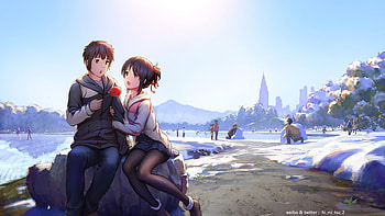 Who Gets The First Bite?, Mitsuha Miyamizu, Snowball Fight, Tachibana, Sunlight, Big Eyes, Open Mouth, Mitsuha, Anime Girl, Taki Tachibana, Anime Couple, Friends, Park, Blue Sky, Taki, Anime, Kimi no Na Wa, Candy Apple, Snow, Miyamizu, Couple, Anime Guy HD wallpaper