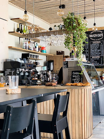 Contemporary cafe with wooden accents and hanging plants, offering a warm, inviting atmosphere for coffee lovers. HD phone wallpaper