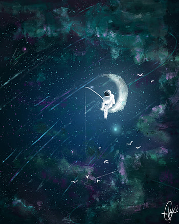 Art, Moon, Cosmonaut, Astronaut, Fishing HD phone wallpaper