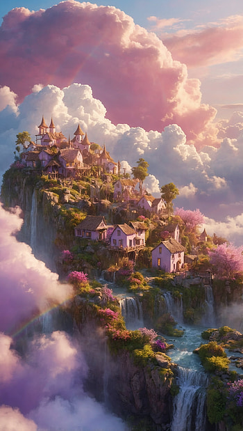 Magical Dreamy Village Built on Clouds with Waterfalls, Fantasy, Rainbow HD phone wallpaper