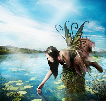 Fairy Playing in Lake, fairy, blue sky, wings, clouds, mountains, lake, woman HD wallpaper