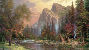 Kinkade Tag - Mountains Declare Glory Thomas Kinkade Fire Sunset Waterfalls Painting Nature Smoke River Yurt HD wallpaper