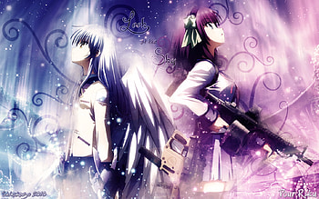 Look at the Sky, purple hair, long hair, dress, abstract, rifle, short hair, gun, warrior, female, ribbon, blue hair, girl, star, anime girl, anime, light, weapon, fighter, girls HD wallpaper