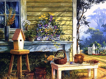 Summer Sideshow, garden, paintings, lovely still life, summer, love four seasons, decorations, draw and paint, flowers, pots HD wallpaper