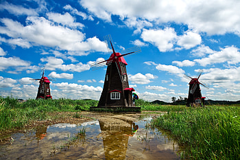 At the wind-mills, wind-mills, grass, water, country, graphy, mill, , puddle, rural, abstract, field HD wallpaper