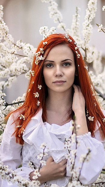 Springtime, white, tree, blossom, redhead, woman, graphy HD phone wallpaper