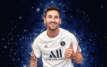 Lionel Messi PSG, white uniform, argentinian footballers, Paris Saint-Germain, blue neon lights, 2021, Messi PSG, Leo Messi, PSG, football, Lionel Messi, Lionel Messi Paris Saint-Germain, Lionel Messi HD wallpaper