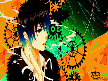Cool Guy, Short Hair, Red Eyes, Orange, Blue Hair, Awesome, seishiki, Anime, Original, Cute, Green, Boy, Smoke HD wallpaper