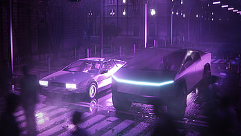 Tesla Cybertruck And Delorean Synthwave , tesla-cybertruck, delorean, synthwave, artist, artwork, digital-art, neon, tesla HD wallpaper