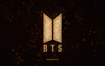 BTS glitter logo, , black background, BTS logo, gold glitter art, BTS, creative art, BTS gold glitter logo HD wallpaper