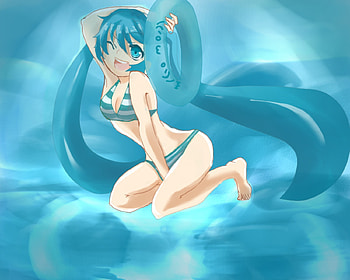Hatsune Miku, teal, awesome, artistic, nice, digital, cg, hatsune, aqua eyes, ocean, inner tube, sexy, white, art, twintail, hot, girl, singer, aqua, anime girl, anime, pretty, wink, virtual, blue, song, cute, vocaloid, beauty, miku, music, swimsuit, vocaloids, water, program, sea, bikini, beautiful, diva, aqua hair, cool, idol HD wallpaper
