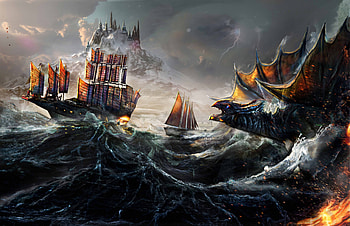 Dragon Fight Ocean Ship Painting , dragon, ocean, ship, painting, artist, artwork, digital-art, deviantart HD wallpaper