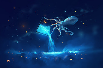 Multitasking remotely, ahmx, caracatita, water, octopus, blue, art, alromeadheen, summer, tablet, fantasy, luminos, vara HD wallpaper