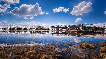 beautiful reflective lake in yellowstone, winter, hills, reflection, clouds, grass, lake HD wallpaper