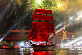 Sailing Ship, City, Red, Sailing, Ship, Night, Russia HD wallpaper