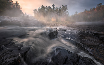 mountain river, stones, fog, water, morning, sunrise, mountain landscape HD wallpaper
