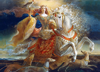 Eleanor of Aquitaine, kinuko y craft, dog, horse, bird, art, running, cal, girl, illustration, fantasy, queen, caine HD wallpaper