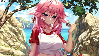Purple Eyes Red Hair Yae Miko Guuji Genshin Impact HD wallpaper