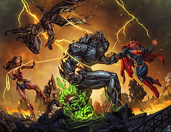 The Trinity Defeating Doomsday, superman, batman, wonder-woman, superheroes, artwork, artist, artstation HD wallpaper