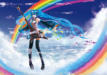 Vocaloid, miku, rainbow, anime, guitar, sky HD wallpaper