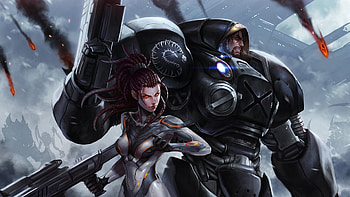 starcraft sarah kerrigan jim raynor landing weapon armour smoke fire silhouettes HD wallpaper