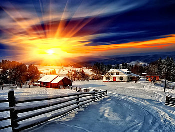 Last Sun Rays over the Small Village, rays, snow, house, clouds, nature, sun, village HD wallpaper