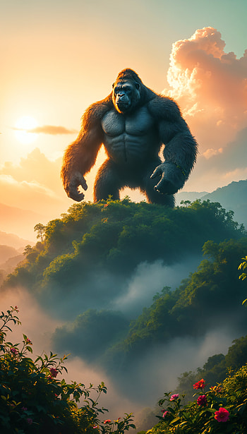 King Kong : Majestic Encounter at Sunset, gorilla, mountain, jungle HD phone wallpaper