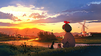 Kiki's Delivery Service, Sunset , Silhouette of Kiki, Magical twilight HD wallpaper