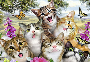 Friendly Felines, butterflies, cats, kitten, art, digital HD wallpaper