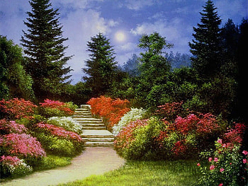 Beautiful garden, colors, sky, alley, flowers, tree HD wallpaper