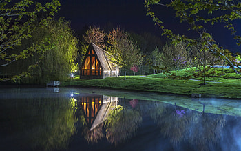 Chapel on the Lake, night, reflection, chapel, lake HD wallpaper