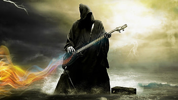 Grim Reaper Playing Guitar, death, artist, grim-reaper, skull, guitar HD wallpaper