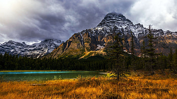 Lake at Banff NP, Alberta, colors, clouds, landscape, autumn, Mountains, sky, canada HD wallpaper