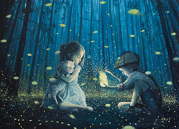 The magic lantern, night, blue, children, art, adrian borda, forsest, copil, magic lantern, firefly, fantasy, light, couple, luminos HD wallpaper
