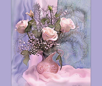 Courage, pink, drape, roses, pitcher, white flowers HD wallpaper