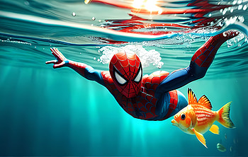 Spiderman with goldfish, AI Art, swimming, underwater, Comic, spider man HD wallpaper