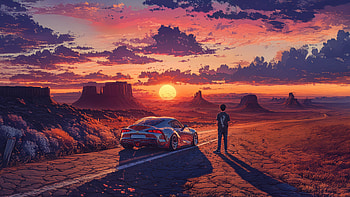 Anime Boy With Toyota Supra In Desert Roads, anime-boy, toyota-supra, desert, roads, road, sky, artist, artwork, art, digital-art, ai HD wallpaper