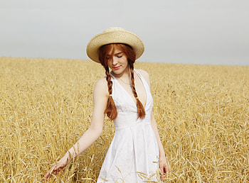 Wheat farm, red head, woman HD wallpaper