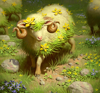 :), fantasy, art, flower, yellow, green, sheep, sam perin, oaie HD wallpaper