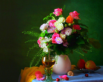 Still life, vase, glass, flowers HD wallpaper