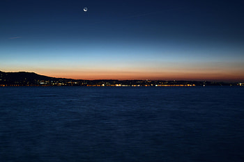 Cities, Sunset, Sea, Night, Horizon, Shore, Bank, Night City HD wallpaper