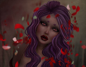 Ai, fantasy, art, petals, heszperia, red, face, girl HD wallpaper