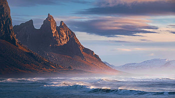 Vestrahorn, Iceland, rocks, peaks, sea, morning, clouds, sky, dusk HD wallpaper
