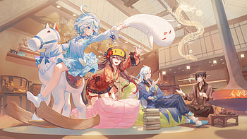 Genshin Impact : Furina, Hu Tao, Zhongli & Neuvillette Gathering Moments, Genshin Impact, Furina (Genshin Impact), Hu Tao, Zhongli (Genshin Impact), Neuvillette (Genshin Impact) HD wallpaper