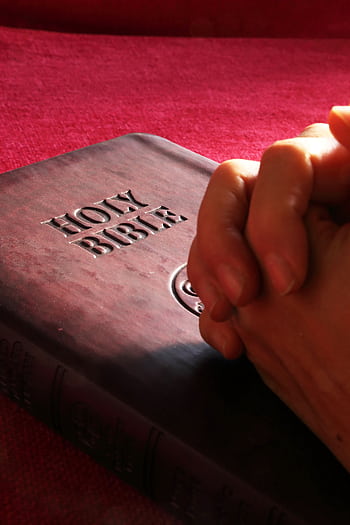 Close-up of hands praying on a Holy Bible, symbolizing faith and spirituality. HD phone wallpaper