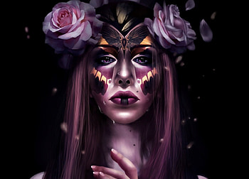 The Queen, black, art, yst eyes, girl, woman, amethyst eyes, purple, rose, pink, butterfly, fantasy, flower, face, dia de los muertos, queen HD wallpaper