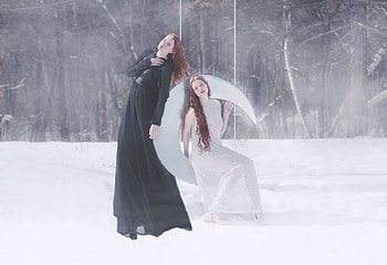 Moon, winter, white, black, model, gerald larocque, girl, woman, snow, couple, luna HD wallpaper