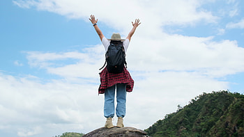 Backpacking triumph, Mountain summit victory, Empowering view, Celebrating success HD wallpaper