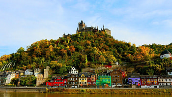 hilltop castle in a town on the rhein, river, town, trees, castle, hill HD wallpaper