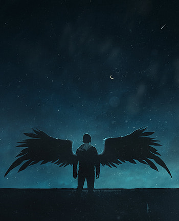 The sad angel, atmosphere, sky, stars, ios, skynight, space, moon, fallen, blue, clame, fallen angel, , lights HD phone wallpaper